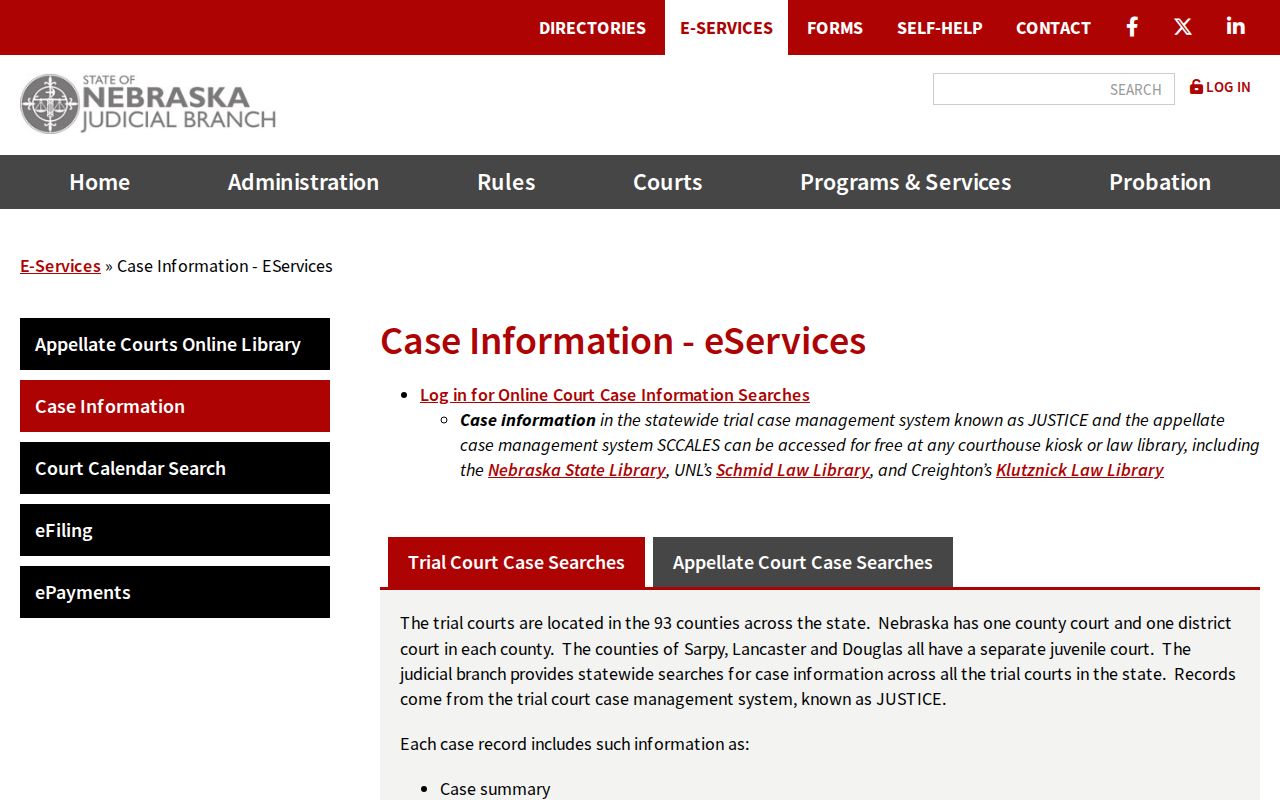 Brown County warrant records route through the Nebraska JUSTICE case information service