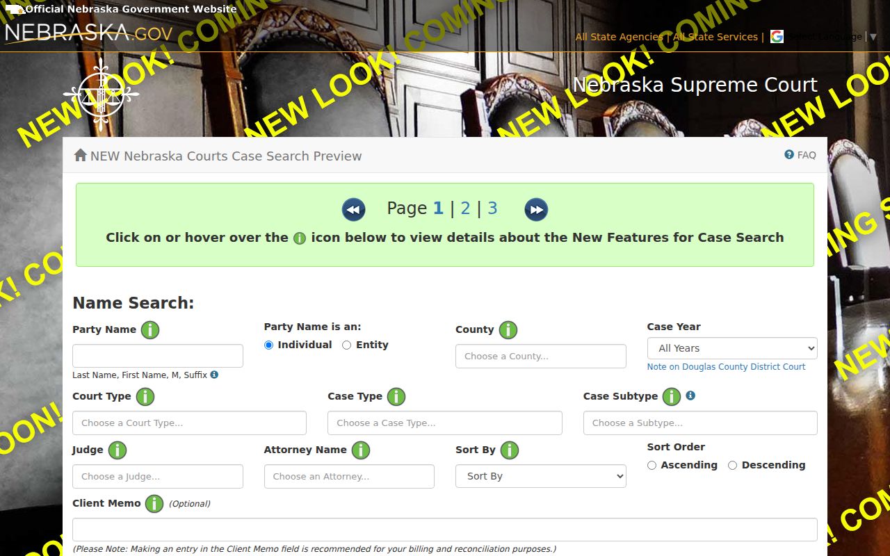 Brown County warrant check fields in the Nebraska JUSTICE search preview