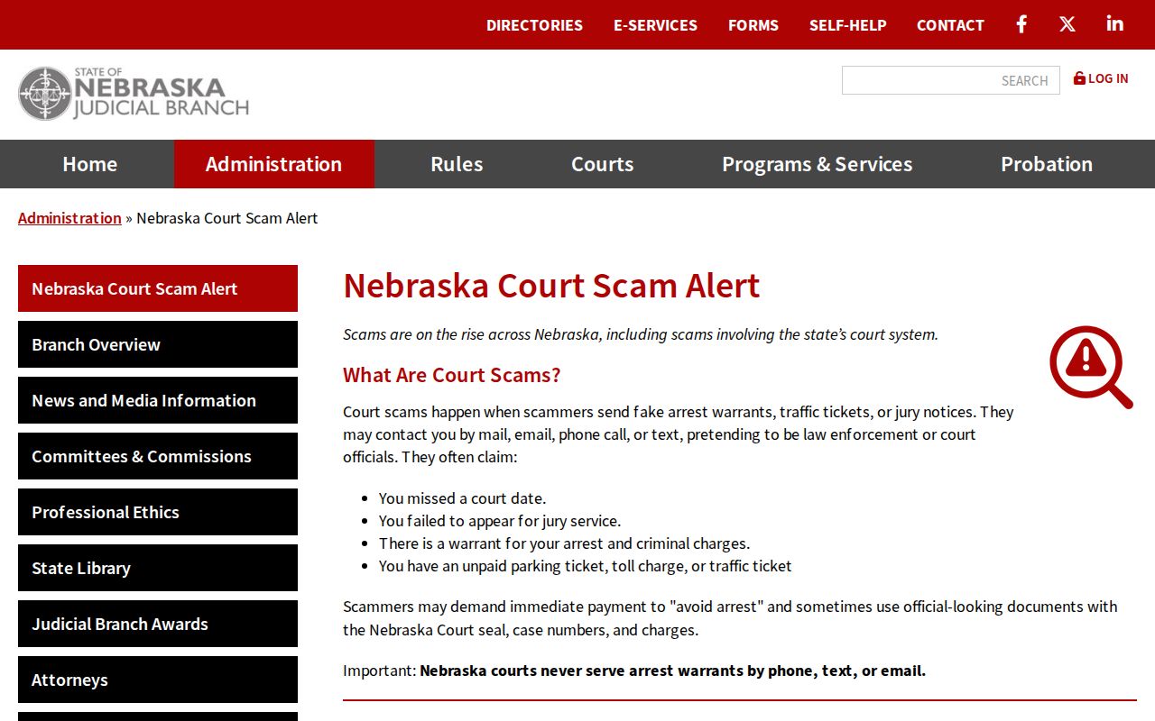 Brown County active warrant search scam warning from Nebraska courts